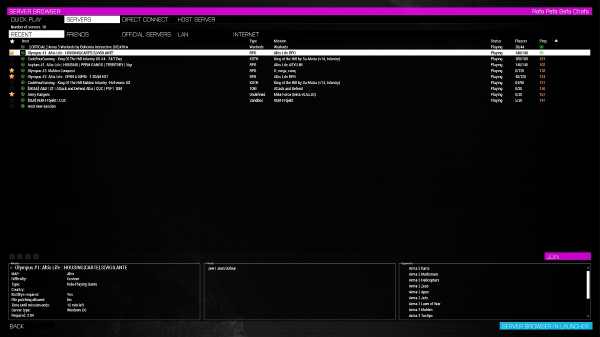 The Olympus Server on the ArmA 3 Server Browser.