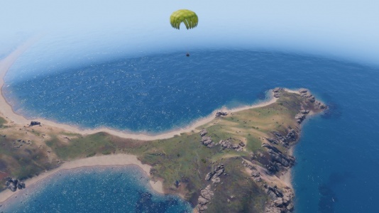 The crate slowly landing on the Altis Island.